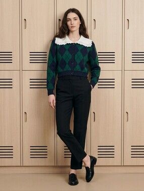 BSVEEII Argyle Cropped Cardigan Asian XL Green Navy Lace Peter Pan Collar Coquet